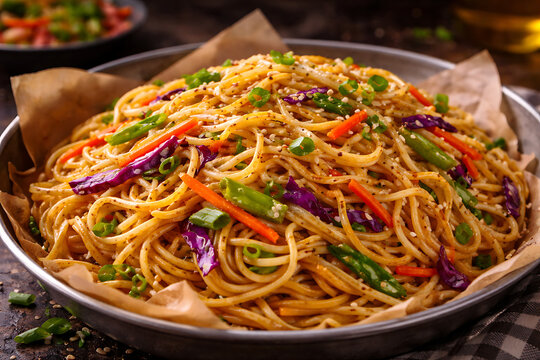Vegetable hakka noodles tossed in wok, vibrant carrots and cabbage, street style plating
