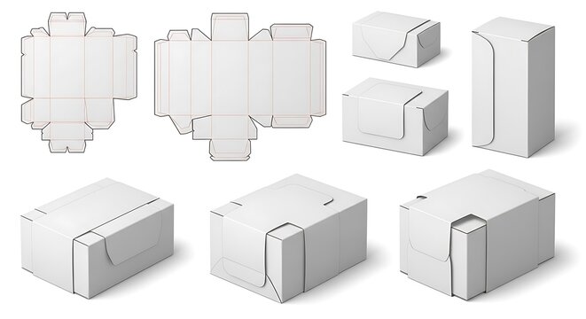 White cardboard boxes and their flat designs are shown.