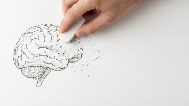 A hand erases a human brain drawing on white paper, symbolizing memory loss, cognitive decline, or the process of forgetting.