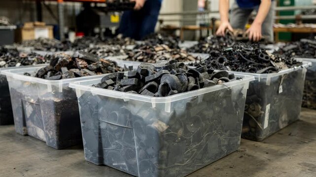 Plastic bins containing predominantly black molded rubber scraps and flash showcasing industrial waste ready for processing and reuse.