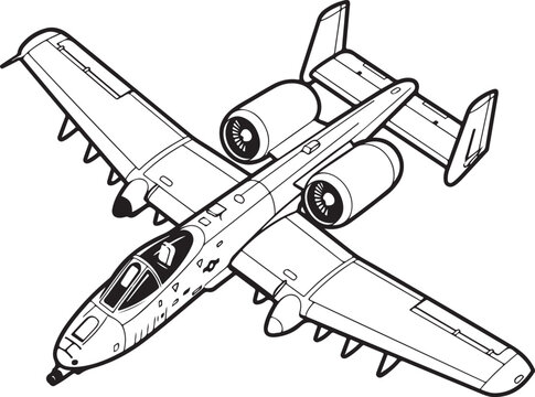 A-10 Thunderbolt II attack aircraft in flight, detailed isometric line art illustration, powerful military aviation combat vehicle, sky war machine, close air support jet