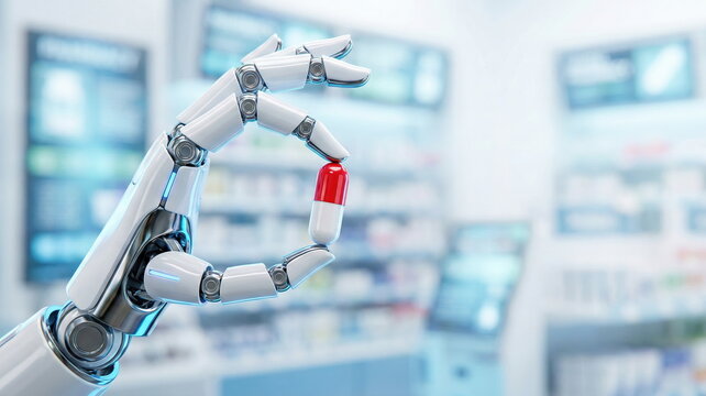 Robotic hand precisely holds a red and white pill in a futuristic pharmacy. AI and automation advance healthcare and pharmaceutical services.