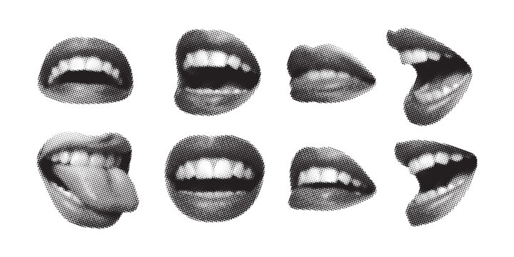 Halftone collage lips gesture set, Collection of Halftone Open Mouths and Lips in Various Expressive Poses, Black and White, Close-up