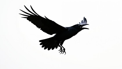 Fototapeta premium Black crow bird flies with open beak against bright sky. Detailed wings and talons visible in silhouette form. Animal takes flight with wings spread wide.