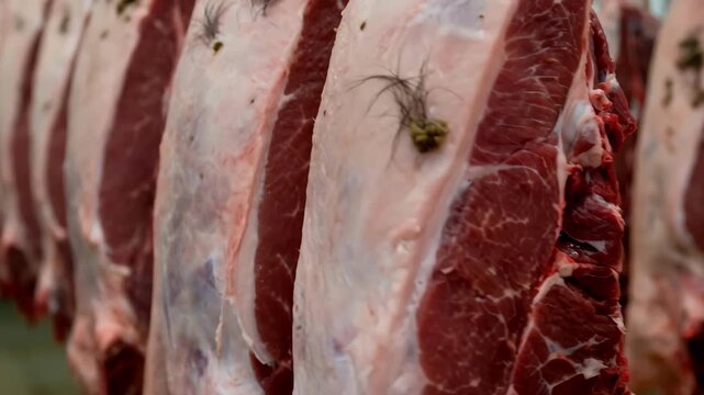 Closeup of industrial AI camera system analyzing meat carcasses for visible contamination focusing on automated detection of hair and fecal matter in medium shot.