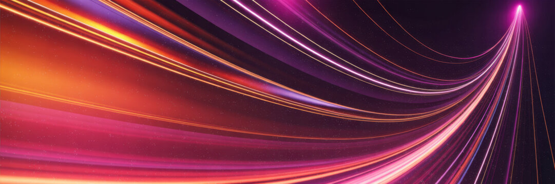 3d render. Abstract futuristic background of dynamic neon lines glowing in the dark, floor reflection. 
