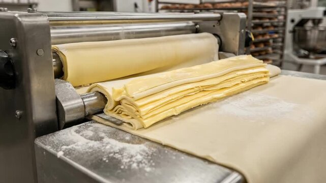 Industrial pastry machine folding dough and butter meticulously to form even laminated layers for buttery Danish pastries in a commercial kitchen.