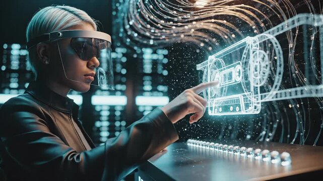 Woman touches glowing hologram of cassette tape. Futuristic woman interacts with virtual cassette. Woman in visor explores digital music archive. Hologram shows retro cassette. Future tech concept.