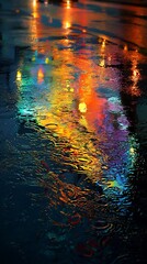 Rainbow reflections on a wet surface under a bridge at night
