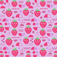 苺と幾何学モチーフのシームレスパターン（パープル）：ポップな苺と半円・ドットなどの幾何学モチーフを組み合わせた、パープル基調のシームレスパターン。100均デザインペーパー、ポストカード、マスキングテープ、マスキングシールブックタイプ、フレークシール、シール帳に最適。ゆめかわ・シル活・シルパト・立体シール好きに好感度大の背景素材。