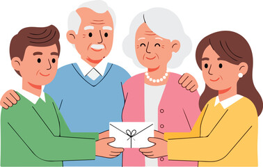 Obraz premium Heartwarming scene of a multigenerational family sharing a joyful moment with a gift and letter, conveying love and togetherness