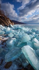 A breathtaking view of a shoreline covered in ice and snow
