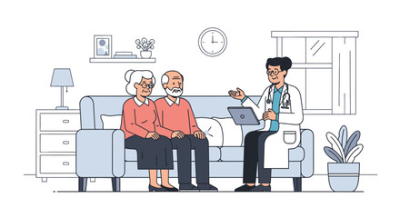 Fototapeta premium Elderly Couple Consulting Doctor at Home with Laptop in Cozy Living Room Scene Illustrating Healthcare and Senior Medical Advice