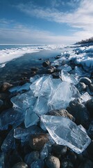 Frozen waves and ice formations along a rocky shoreline in a winter landscape