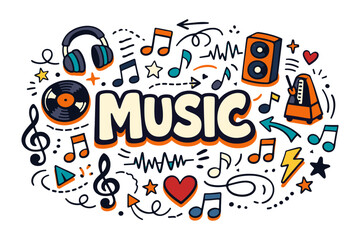 Obraz premium Vibrant music doodles with headphones, notes, and musical elements