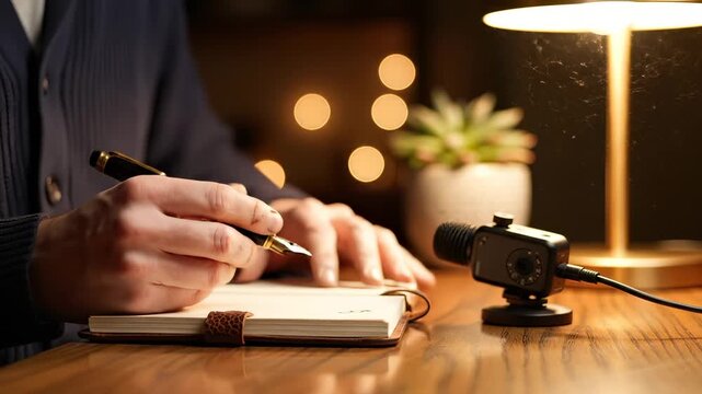 Man writing script in notebook near microphone. Hand writing notes with pen for new podcast recording. Creator writing plan in notebook. Microphone stands on desk while writing. Podcast host working.