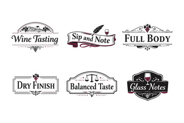 Fototapeta premium Elegant wine tasting labels with descriptive text and decorative elements