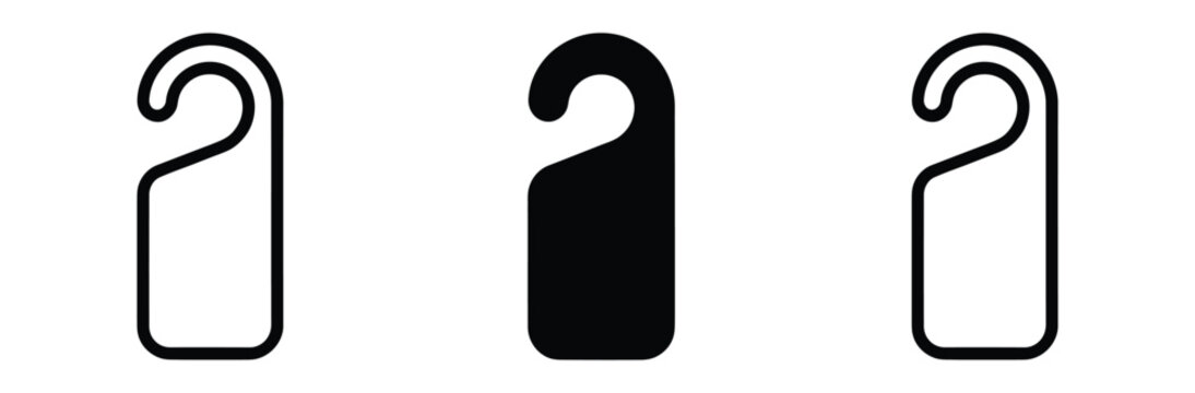 Door Hanger Icon Set: Vector collection of hotel door knob tags in line, solid, and silhouette styles isolated on white.