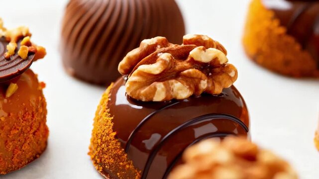 Close medium shot capturing rich nut toppings added to pralines showcasing the craftsmanship behind earthy autumninspired decorations with textured swirls and glossy chocolate