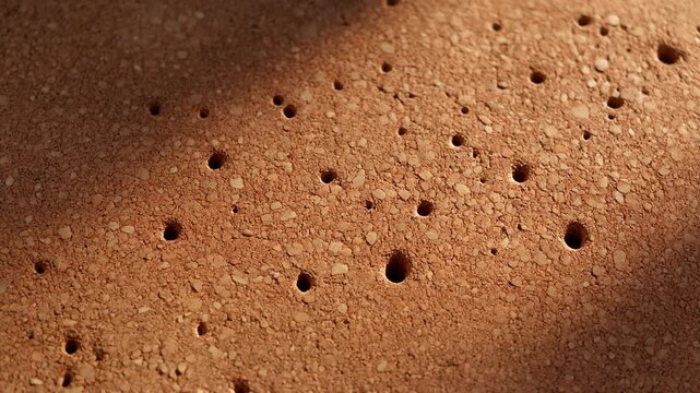 Detail of Natural Cork Surface and Pitting. Neo-Minimalism & Quiet Luxury. Extreme close-up on a thick natural cork surface clearly showing the deep random pitting and compressed granular structure.
