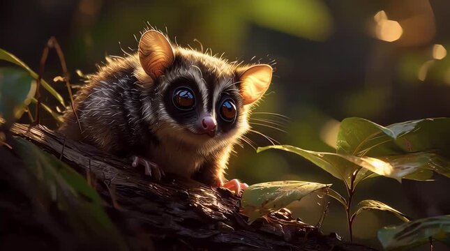 Enchanting Close-up Portrait of a Cute Slow Loris Perched on a Tree Branch in Lush Green Forest