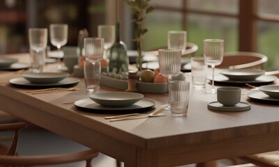 Formal dining table set for guests with crystal, plates, and a nature backdrop