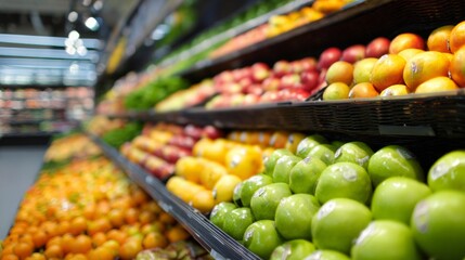 Fresh fruits displayed in supermarket aisle with colorful shelves