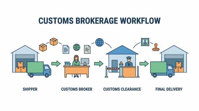 Customs Brokerage Workflow From Shipped to Final Delivery. Vector Illustration. EPS Editable