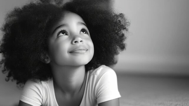 Portrait of a smiling young girl with curly hair, looking up in black and white videograph.