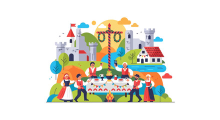 Obraz premium Cartoon People Celebrating with Cake and Gifts.