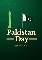 Obraz premium Pakistan day celebration with flag and tower on green background