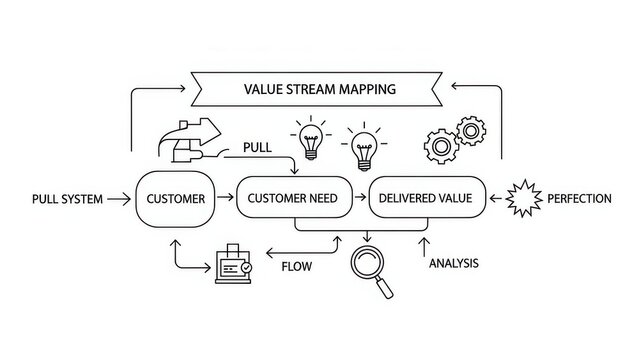 Value Stream Mapping Process Flowchart: Customer, Need, Value, Pull System, Analysis