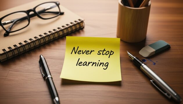 Never stop learning message on sticky note with study materials on wooden desk