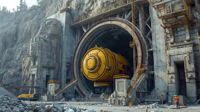 Massive Tunnel Boring Machine at Mountain Construction Site with Industrial Equipment and Rocky Excavation Entrance