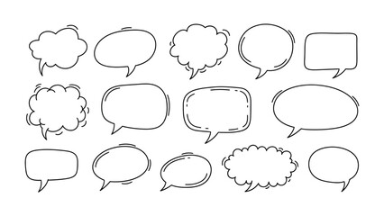 Fototapeta premium Conversation Bubbles: A collection of various hand-drawn speech bubbles offers a versatile visual tool for graphic design. Explore your thoughts or conversations using these iconic symbols!