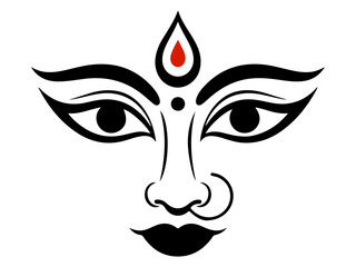 Stylized depiction of a goddess's face with prominent eyes and a nose ring