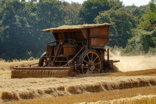 Vintage threshing machine operating in a wheat field, surrounded by trees, showcasing old-fashioned harvesting techniques