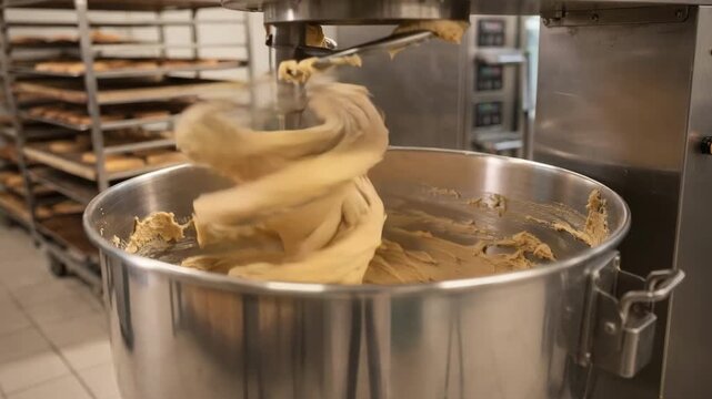 Medium shot of a spiral dough mixer in an industrial bakery blending thick cookie dough with uniform texture in a large stainless steel mixing bowl.