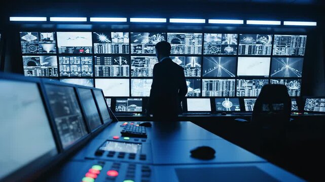 silhouette of businessman standing near large digital screen wall in dark control room. global map and data monitoring. cyber security center, system surveillance. technology concept.