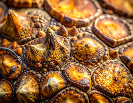 A close up of a brown and yellow object with many spikes. The object is a turtle shell