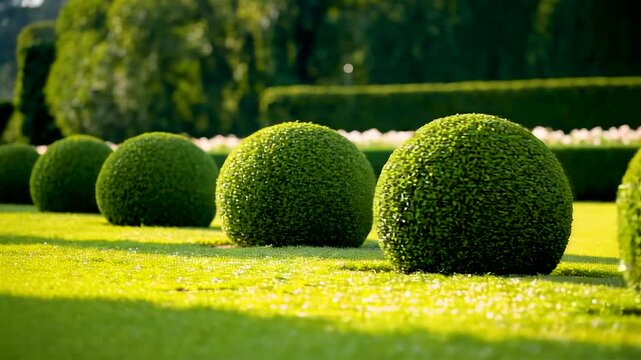 Perfectly Trimmed Round Boxwood Shrubs on Lush Green Lawn in Formal Garden Landscape Under Bright Sunlight