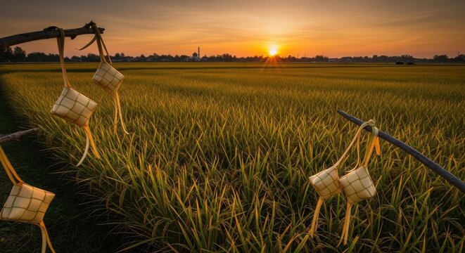 Scenic Sunset over Rice Fields with Traditional Ketupat and Mosque Silhouette, AI Generated