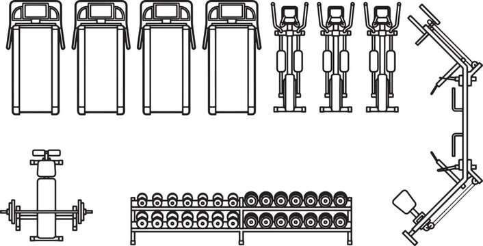 Top-down illustration of a modern gym with various exercise machines, dumbbells and barbell. The image provide the basic of gym tools