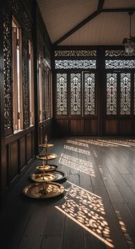 Interior of Traditional Malay House with Morning Sunlight Rays and Brass Trays, AI Generated