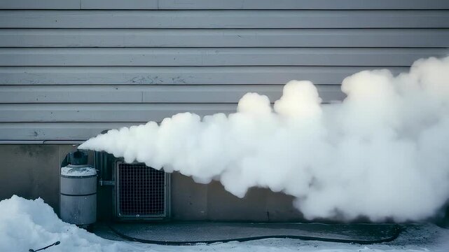 Outdoor HVAC Unit Releasing Thick White Vapor Against Building Wall in Cold Winter Weather