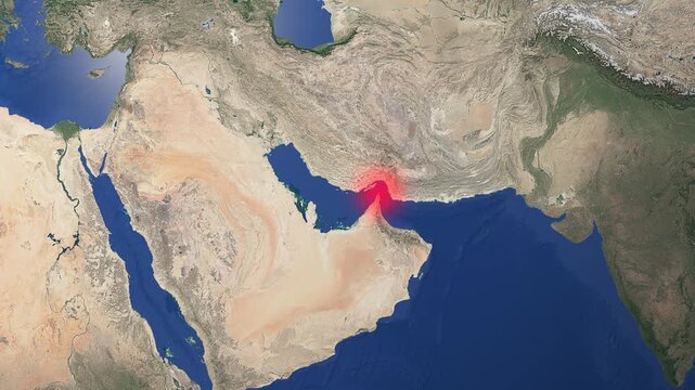 Animated map video zooms in on the Persian Gulf to highlight the Strait of Hormuz. It is a perfect visual for explaining global oil shipping routes, regional geography, and geopolitical tensions. 