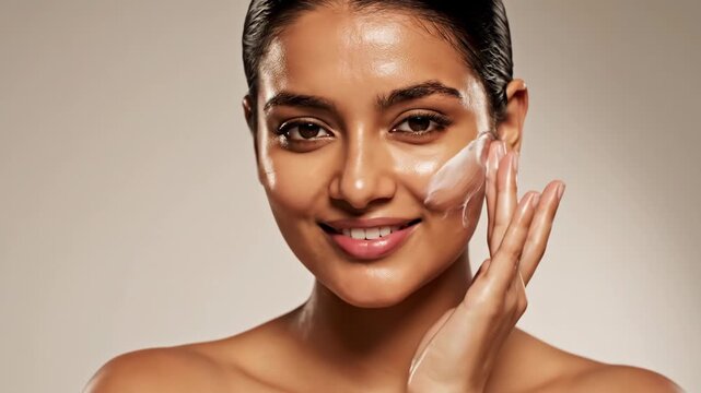 young indian woman applying white moisturizing cream on cheek with fingers. closed eyes and glowing skin. beauty and skincare routine. cosmetic product application.