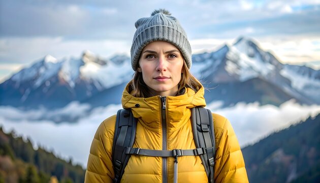 Mujer senderista con chaqueta amarilla en paisaje alpino con monta&ntilde;as nevadas