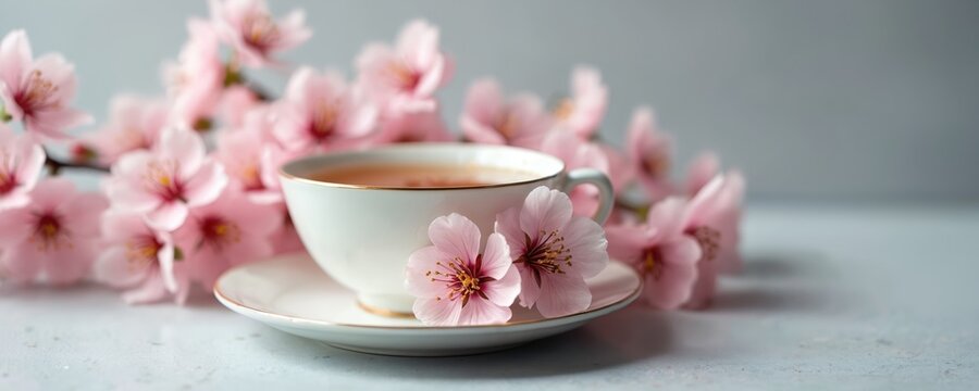 Delicate teacup rests on saucer with pink cherry blossoms. Gentle spring bloom surrounds elegant porcelain cup filled with tea. Peaceful overhead still life composition.