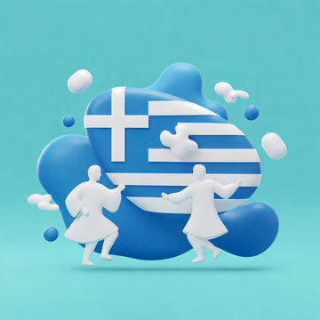 Cute 3D illustration of Greek dancers with national flag and abstract shapes celebrating culture